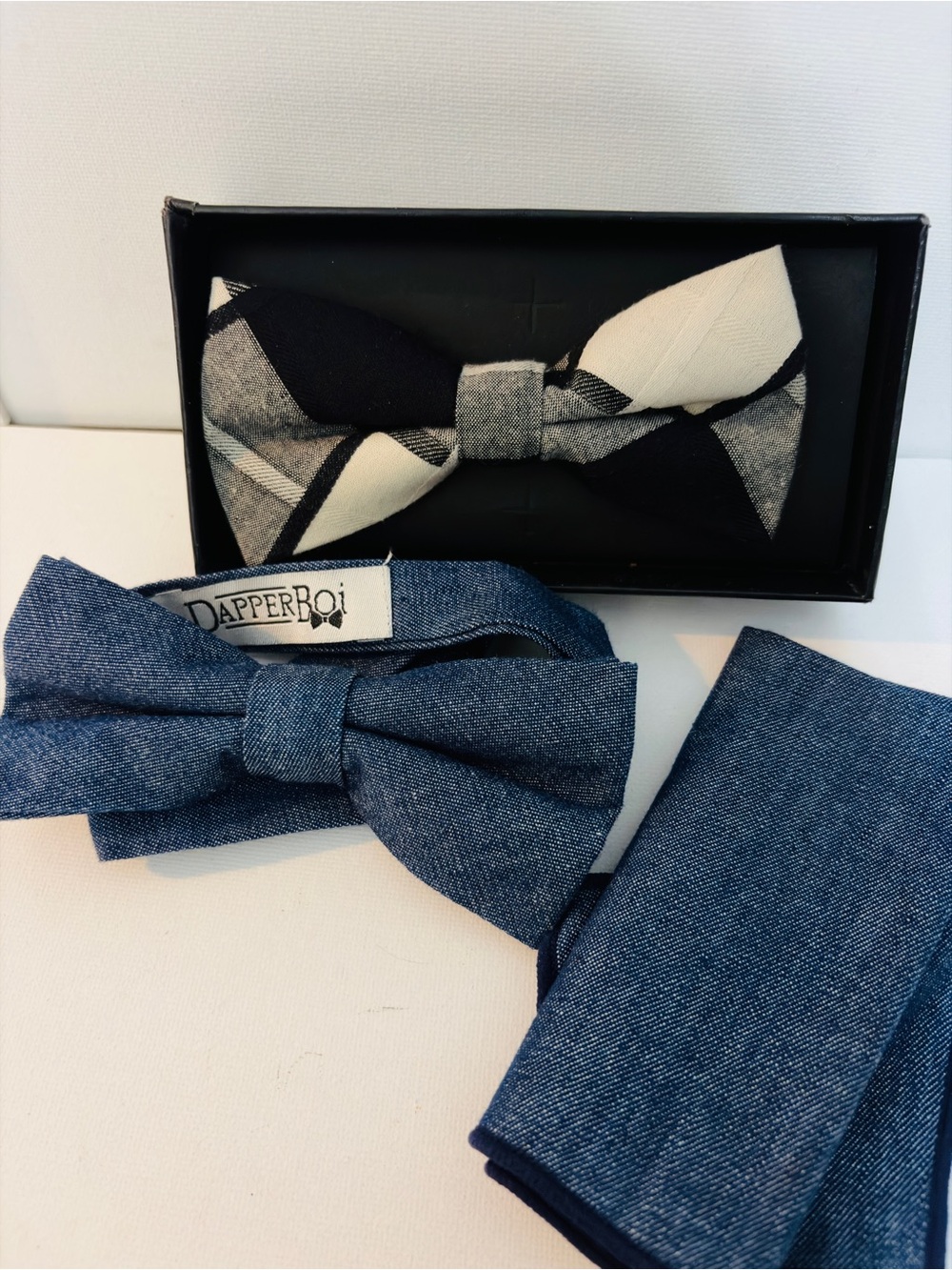 Dapper Boi Blue Denim Bow Tie Set with Black & White Plaid Accent